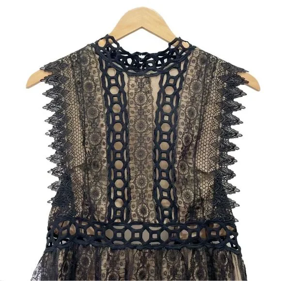 Free People Forever Lace Babydoll Deco Mini Dress Black & Nude Women’s Size 10 - Picture 6 of 16